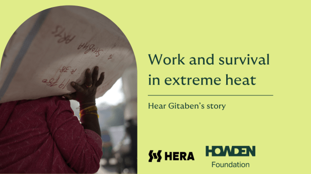 Person carrying goods on their head in a market during extreme heat, with text about work and survival and Gitaben’s story.